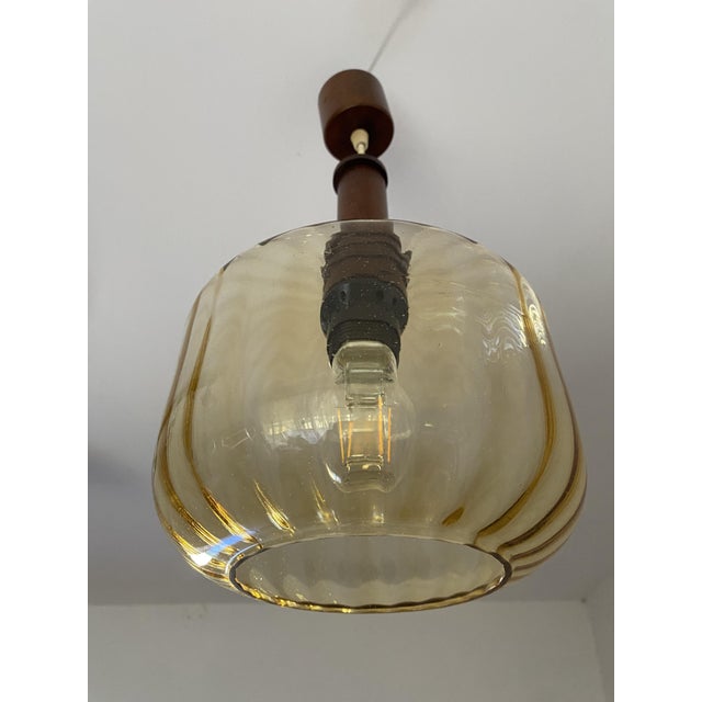 Wood Mid-Century Modern Amber Glass Pendant Lamp, Yugoslavia, 1975 For Sale - Image 7 of 14