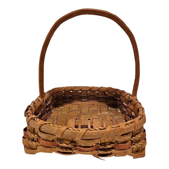 Vintage Handmade Woven Natural Wood Basket With Handle 12.25" X 10.75" For Sale