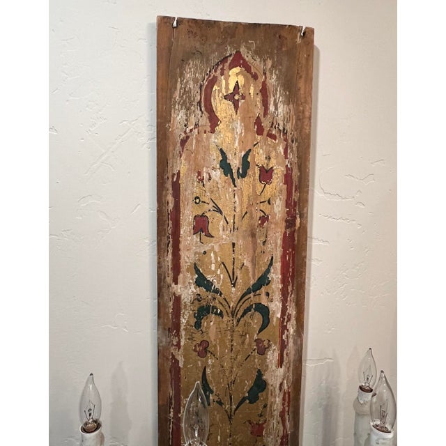 Pair of Dramatic and Unusual Belle Epoque Painted Panel Wall Sconces. Unique Panel Details Add Rustic Elegance and Charm. . Rustic Elegance and Charm. For Sale - Image 9 of 10