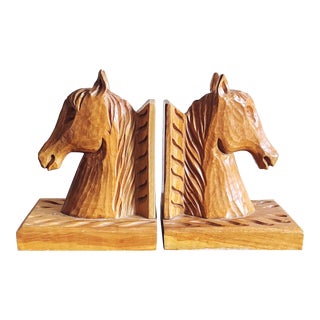 Vintage Hand-Carved Wooden Horse Bookends For Sale