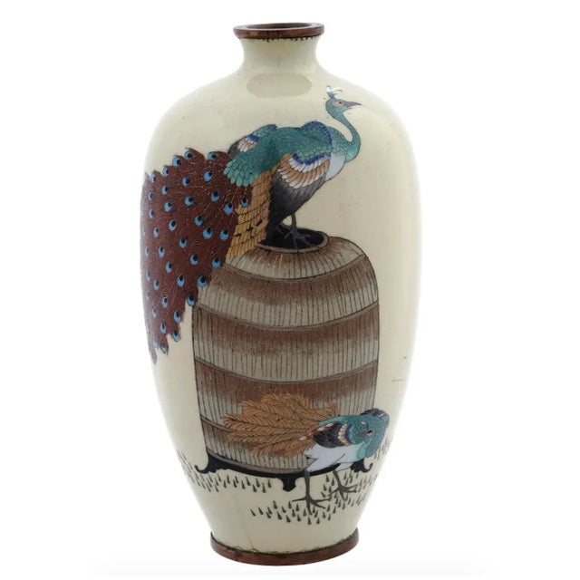 Antique Meiji Japanese Cloisonne Enamel With Pair of Peacocks For Sale - Image 4 of 8