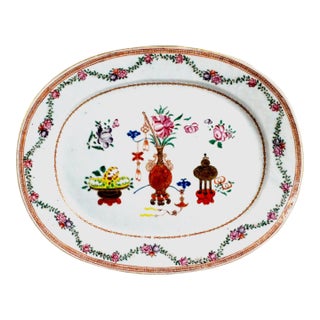 Mid 18th Century Chinese Export Famille Rose Porcelain Oval Platter With Precious Objects For Sale