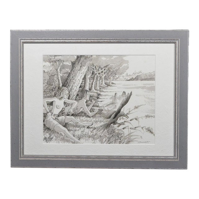 Marc Dumont French Figurative Ink & Wash “Le Corbeau / Bain a Corbie,” 20th Century For Sale