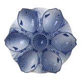 Vintage Bordallo Pinheiro Blue White Fish Scales Majolica Oyster Plate For Sale