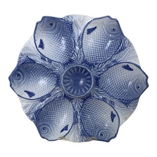 Vintage Bordallo Pinheiro Blue White Fish Scales Majolica Oyster Plate For Sale