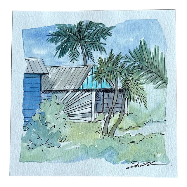 Original Watercolor Painting “Tropical Retreat” For Sale