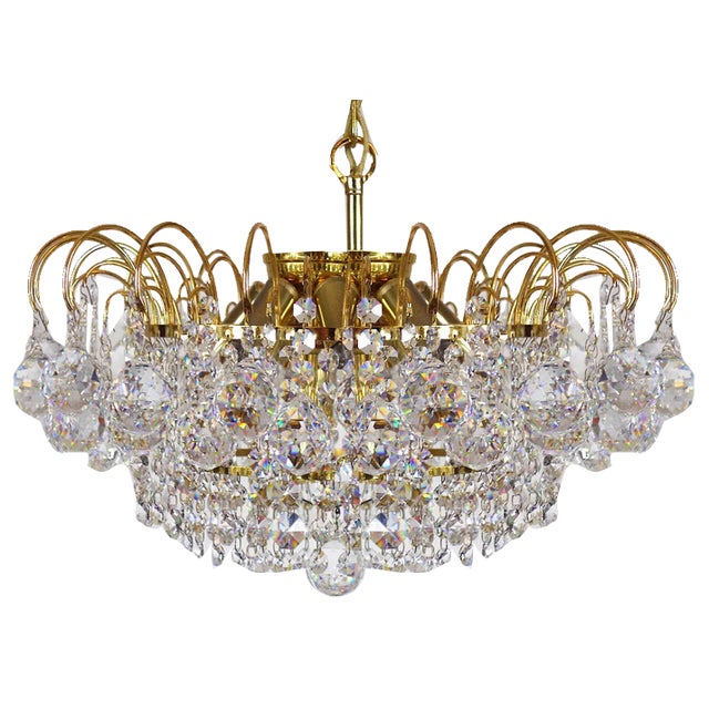 Brass & Lead Crystal Chandelier from Palwa For Sale
