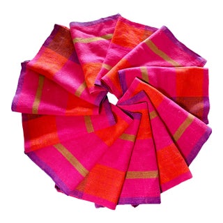 1980s Raspberry Pink Madras Plaid Dinner Napkins, Set of 12 For Sale