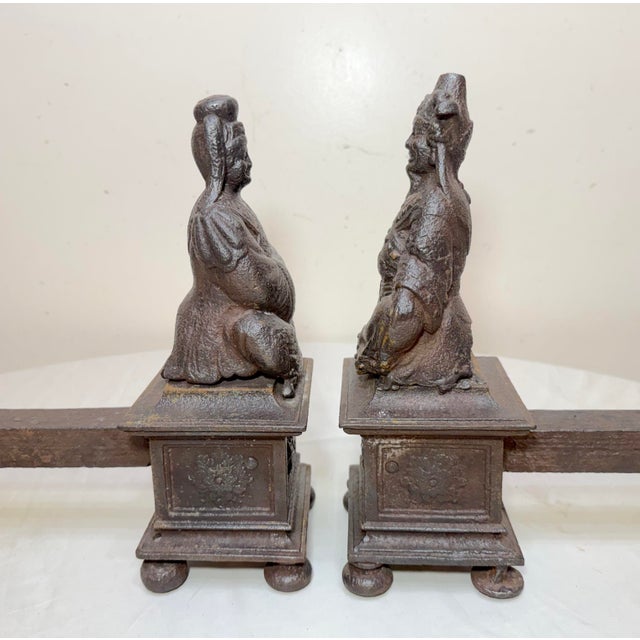 Antique Pair 19th Century Chinese Emperor & Empress Cast Iron Fireplace Andirons For Sale - Image 11 of 16