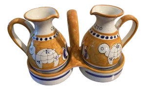 Mid-Century Italian Cassetta Vietri Olive Oil & Vinegar Caddy Set- 3 Pieces