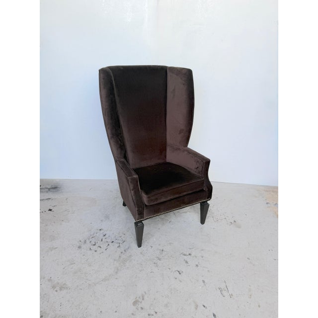 Early 21st Century Pair Custom Mogul Los Angeles Espresso-Brown Velvet High-Back Wing Chairs For Sale - Image 5 of 16