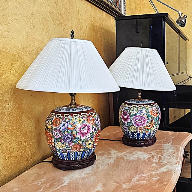 Vintage Hand-Painted Floral Porcelain Table Lamps – a Pair For Sale - Image 15 of 18