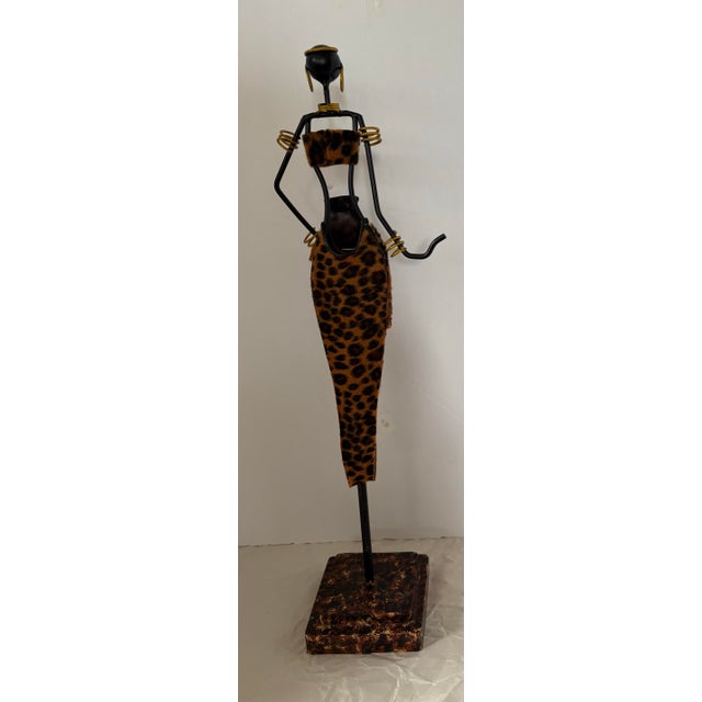 Vintage African Inspired Metal Female Sculpture With Leopard Print, Handcrafted Global Eclectic Figurine, 18.5 For Sale - Image 4 of 11