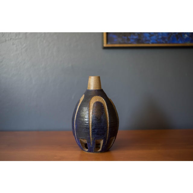 Vintage Sculptural Decorative Blue Stoneware Ceramic Pottery Bud Vase For Sale In Monterey, CA - Image 6 of 9