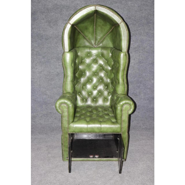 Fine Custom Brass Nail Head Trimmed Green Leather Tufted Porter Canopy Chair For Sale - Image 4 of 12