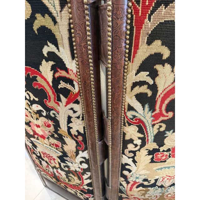 Embossed Leather and Needlepoint 2 Panel Screen For Sale - Image 13 of 14