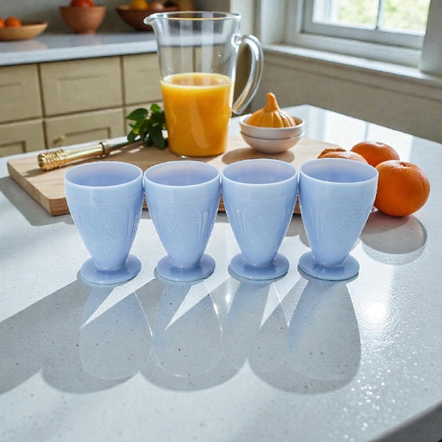 1930s Jeanette Glass Delphite Blue Cherry Blossom Footed Juice Tumblers, Set of Four For Sale - Image 5 of 9