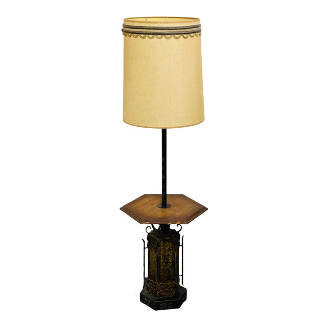 Vintage Gothic Medieval Revival Floor Lamp With Table & Shade For Sale