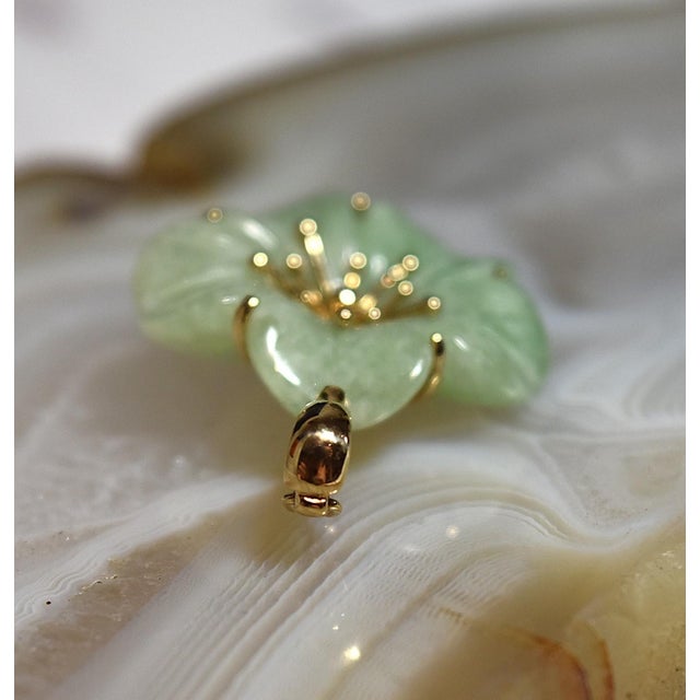 Jade 14k Gold Carved Green Jade Flower Pendant Enhancer For Sale - Image 8 of 16