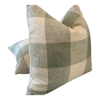 Green Buffalo Check 22” Down Filled Pillows - A Pair For Sale