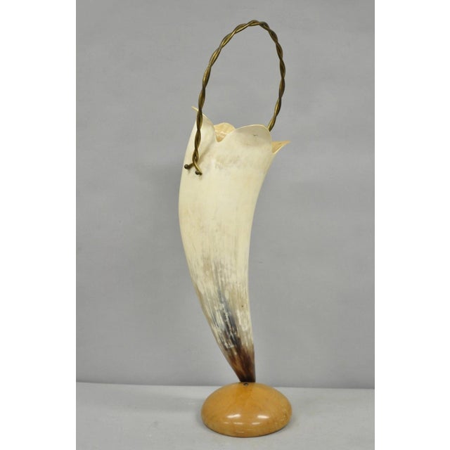 Vintage Italian Regency Large Cattle Cow Horn Vase on Sculpted Maple Wood Base For Sale - Image 12 of 12