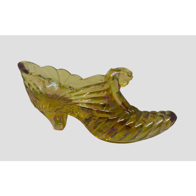 Fenton Art Glass Company 1960s Fenton Iridescent Amber Carnival Glass Cat Head Slipper Shoe Amber Glass Slipper For Sale - Image 4 of 12