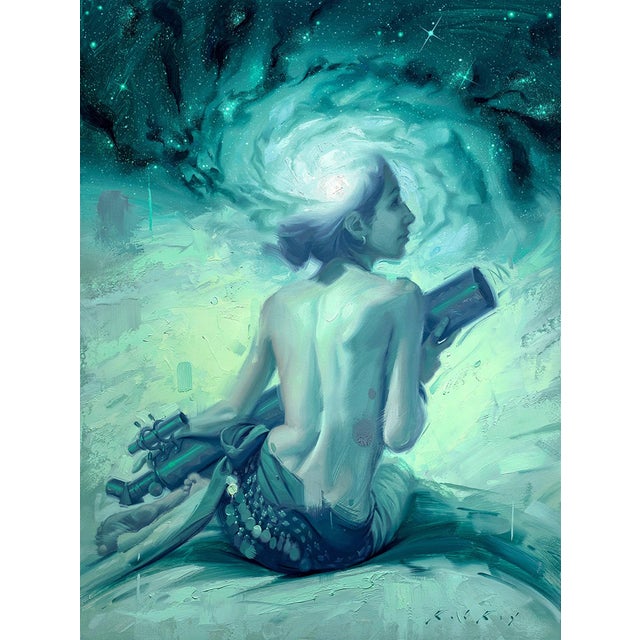 Looking on Lightyears by Rob Rey | Oil Painting of a figure gazing into a starry galaxy For Sale