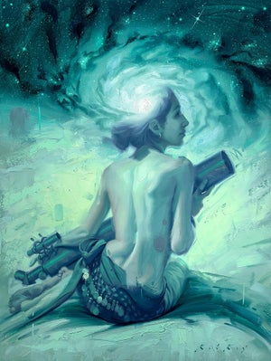 Looking on Lightyears by Rob Rey | Oil Painting of a figure gazing into a starry galaxy