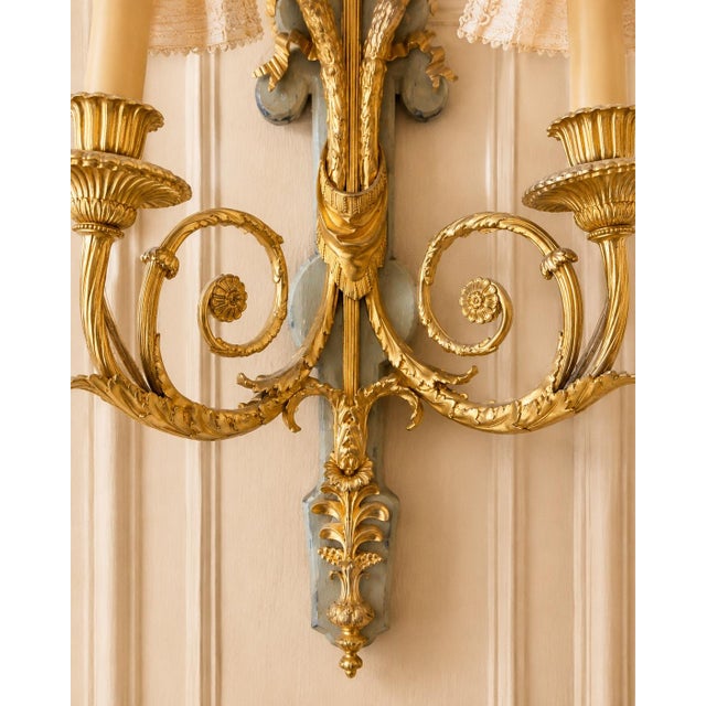 1860 French Artisan Louis XVI Gold Bronze Silk Sconces-Pair For Sale - Image 13 of 17