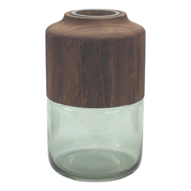Sage Glass Vase with Wood Accent 11"H For Sale