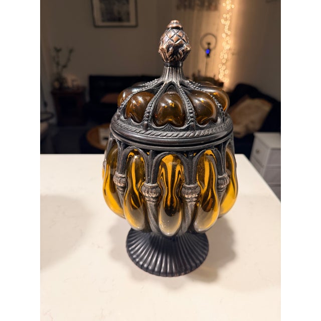 Baroque Vintage Baroque Brass Caged Amber Blown Bubble Glass & Dome Lidded Apothecary Jar For Sale - Image 3 of 11