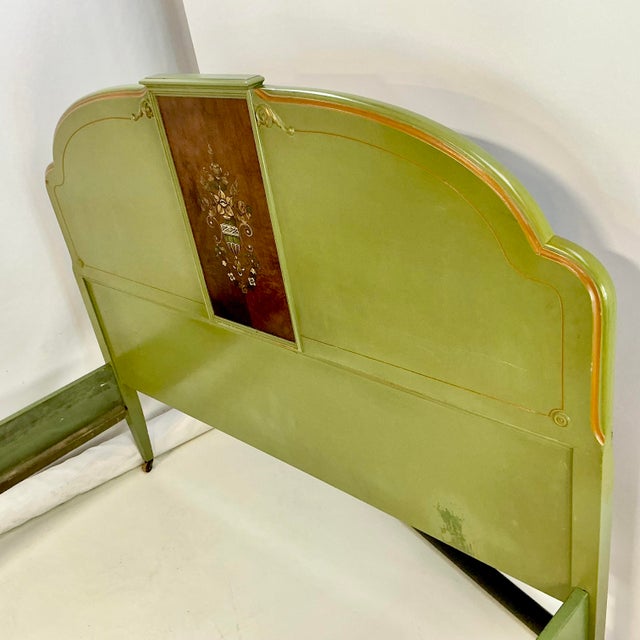Avocado 1920s Antique French Louis XV Neoclassical Olive Green Full Bedframe For Sale - Image 8 of 13