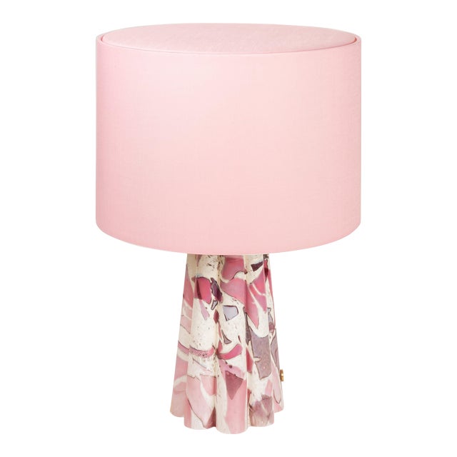 Stories of Italy Pink Nougat Scallop Bucket Lamp with Light Pink Lampshade For Sale