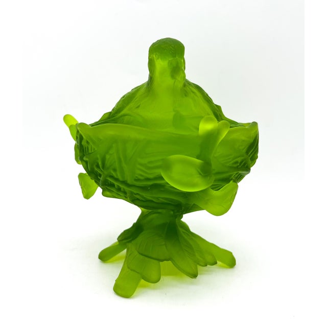 Mid-Century Modern Mid-Century Westmoreland Lime Green Satin Glass Bird on Nest Candy Dish – Frosted Songbird Covered Bowl - - Cottagecore, Grandmillennial For Sale - Image 3 of 15