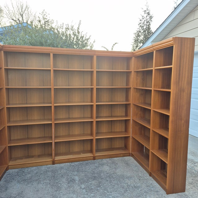 1970s 1970s Danish Modern Teak Veneer Library Book Shelves W/ Detachable Crown Moulding - Set of 7 For Sale - Image 5 of 10