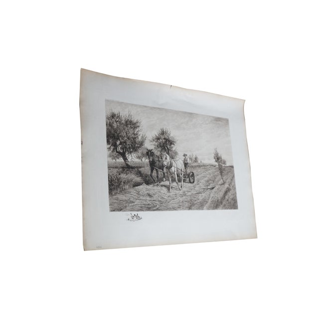 Realism Antique Peter Moran Farming Mowing Boy Riding Plough Landscape Etching 27" For Sale - Image 3 of 11