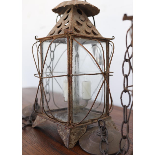 Pair of Newly Wired Antique French Tôle and Glass Lanterns For Sale - Image 10 of 10
