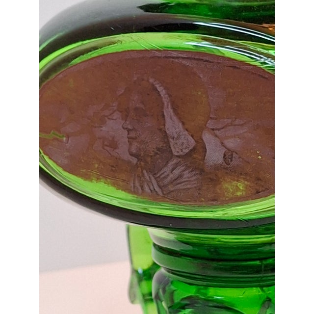 Metal Antique Emerald Green Glass Kerosene Finger Lamp 4-Panel Portrait Pilgrim For Sale - Image 7 of 18