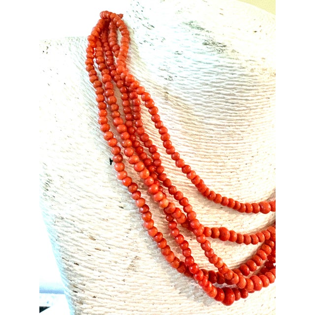 Mid 20th Century Vintage Coral Multi Strand Beaded Necklace With Sterling Silver Clasp For Sale - Image 5 of 5