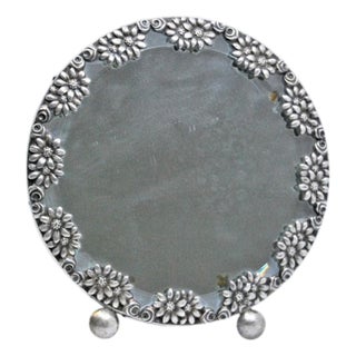 Mirror with Silver Trim with Floral Motifs and Wooden Stand For Sale