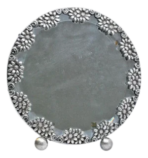 Mirror with Silver Trim with Floral Motifs and Wooden Stand