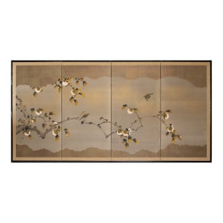 "Sparrows and Persimmon", Showa Era Japanese Yamato-E Style Byobu Screen For Sale