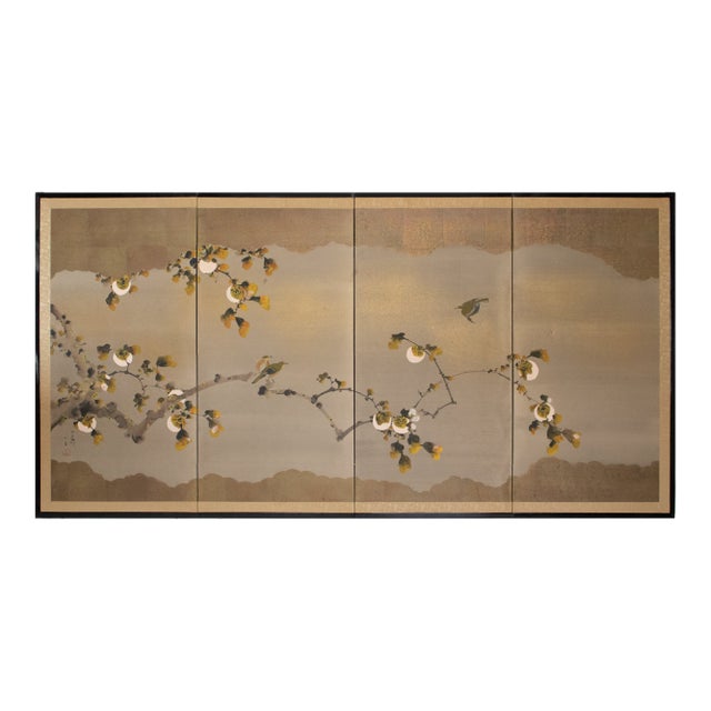 "Sparrows and Persimmon", Showa Era Japanese Yamato-E Style Byobu Screen For Sale