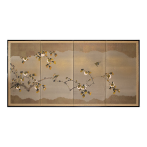 "Sparrows and Persimmon", Showa Era Japanese Yamato-E Style Byobu Screen