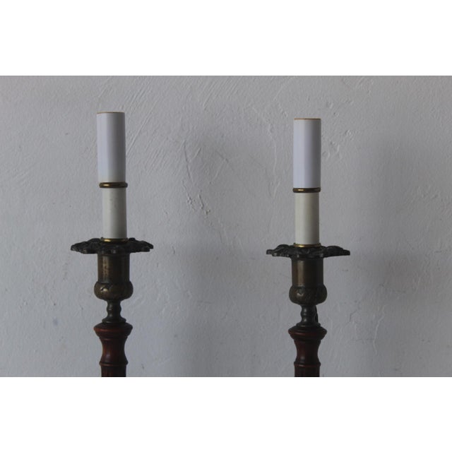 Late 20th Century Georgian Style Mahogany Brass Candlestick Table Lamps - a Pair For Sale - Image 11 of 18