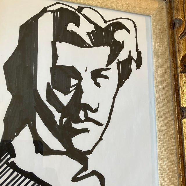Abstract 1970’s Original Abstract Male Portrait Marker Drawing Chunky Carved Vintage Frame For Sale - Image 3 of 5