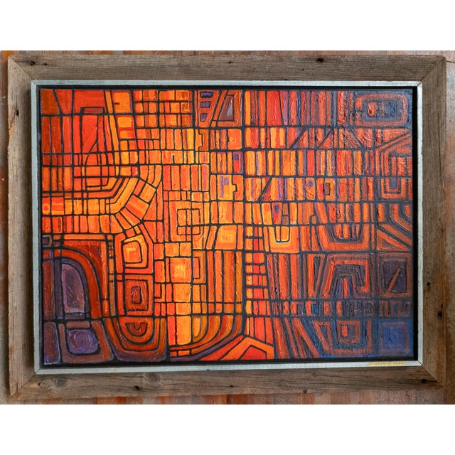 We are selling this attractive Mid-Century modern abstract painting. This geometric abstract has tightly controlled shapes...