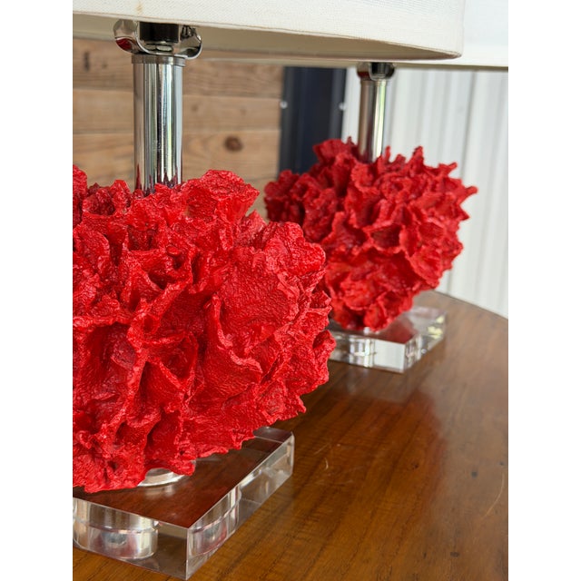 Plastic Pair of Red Faux Coral Table Lamps on Clear Acrylic Bases For Sale - Image 7 of 12