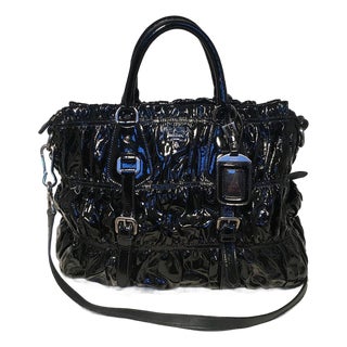Prada Black Patent Leather Gaufre Ruched Shoulder Bag Tote For Sale