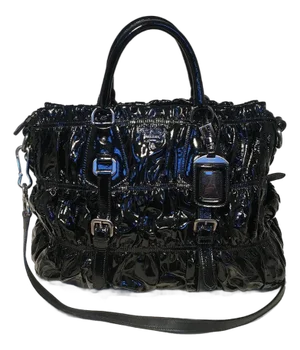Prada Black Patent Leather Gaufre Ruched Shoulder Bag Tote